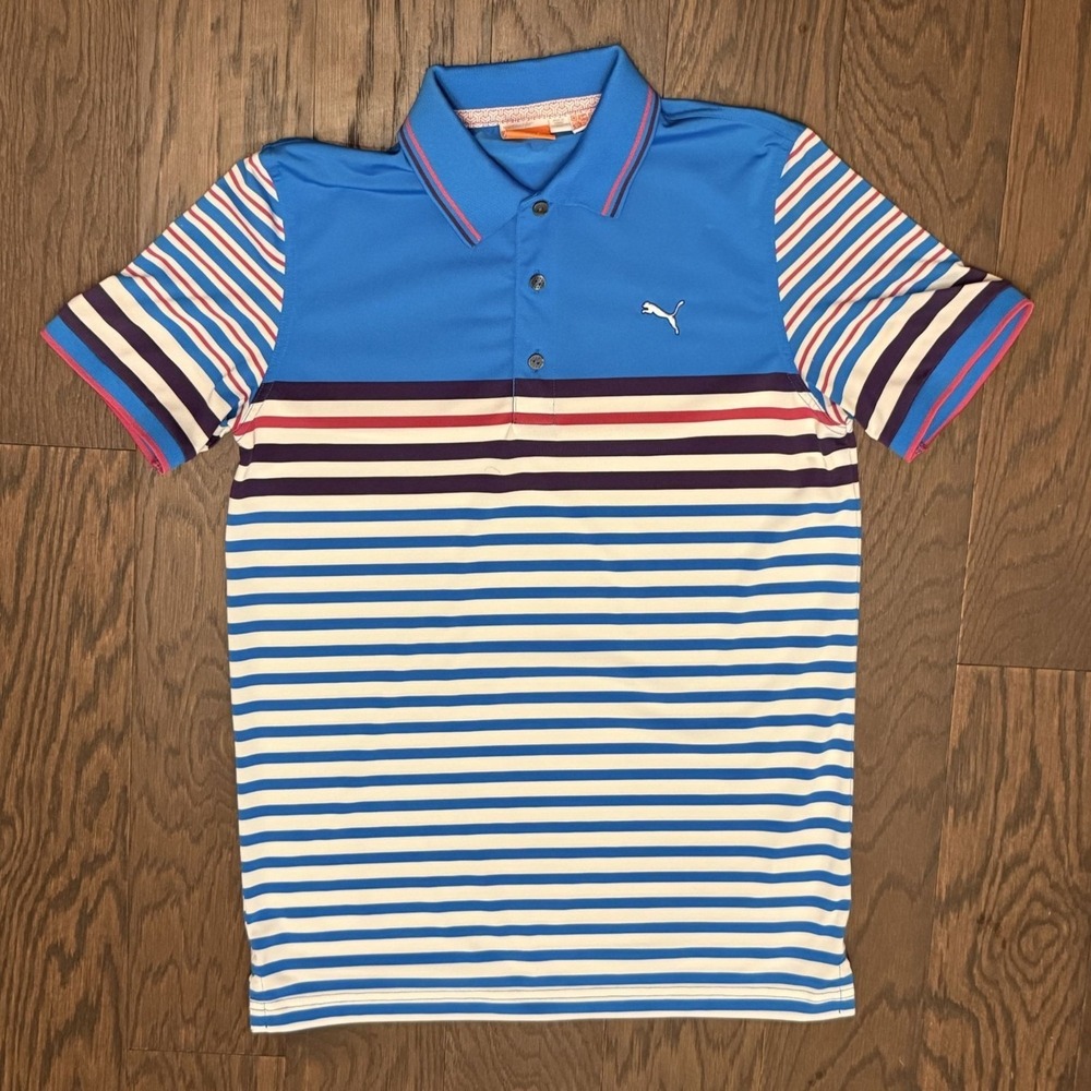 Puma Golf Mens Polo Shirts Striped Performance Dry Cell Blue Small - Picture 3 of 16